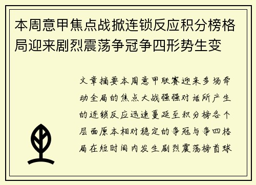 本周意甲焦点战掀连锁反应积分榜格局迎来剧烈震荡争冠争四形势生变